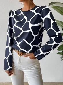 SHEIN LUNE Allover Print Puff Sleeve Blouse - Navy Blue - View 4