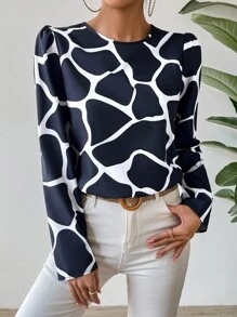 SHEIN LUNE Allover Print Puff Sleeve Blouse - Navy Blue - View 6