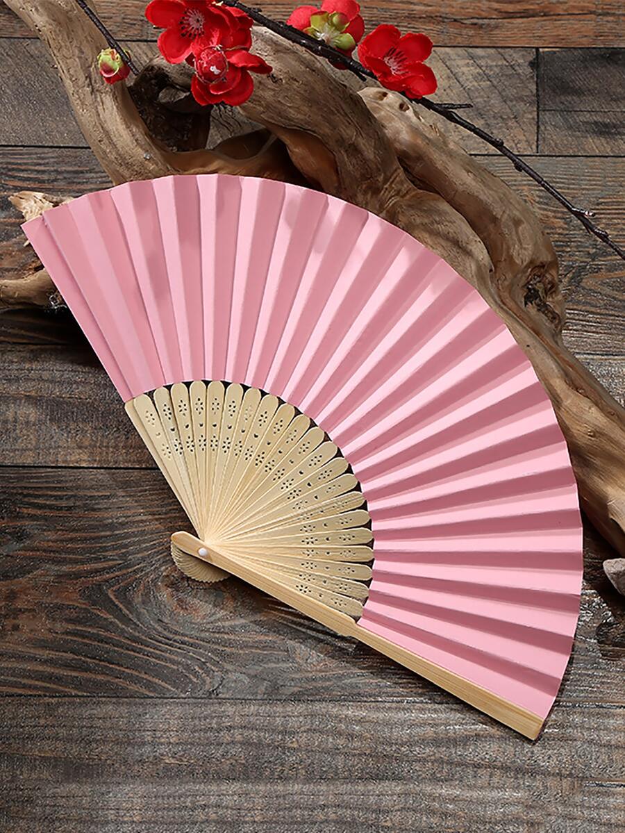 1 cái Quạt trang trí bằng tre, Quạt gấp màu hồng cho bữa tiệc, quà tặng - Hồng - Xem 1