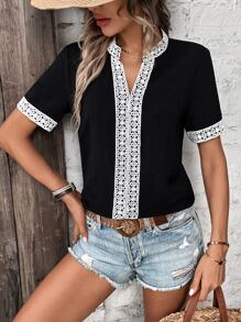 SHEIN VCAY Guipure Lace Panel Notched Neckline Blouse - Black - View 1