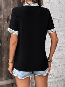 SHEIN VCAY Guipure Lace Panel Notched Neckline Blouse - Black - View 2