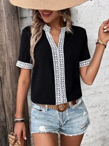 SHEIN VCAY Guipure Lace Panel Notched Neckline Blouse - Black - View 5