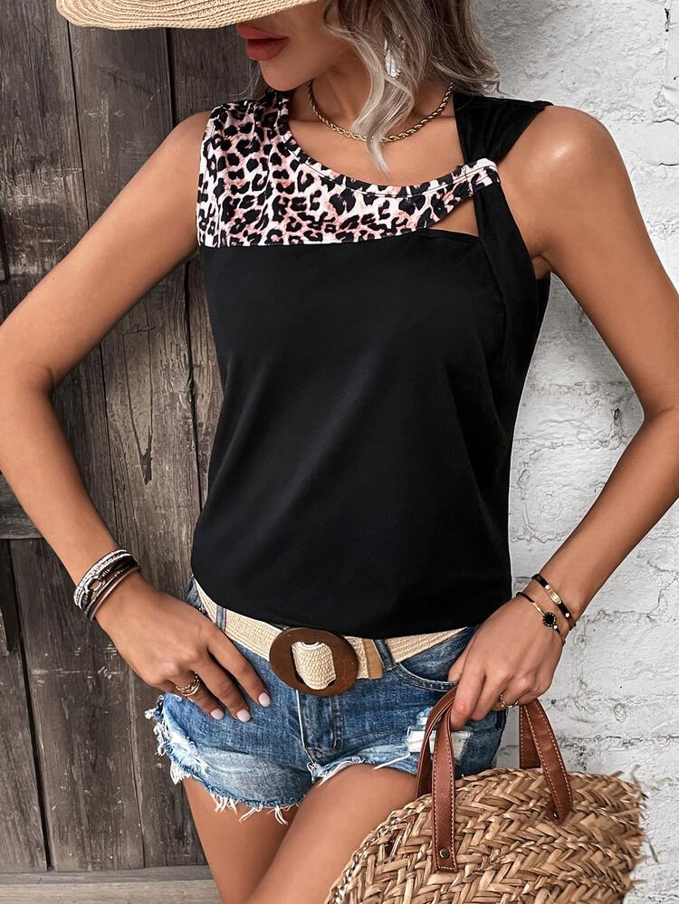 SHEIN LUNE 豹紋印花鏤空背心上衣 - 黑色 - 查看 6