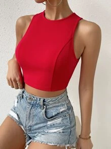 Chiquease Solid Tie Backless Crop Tank Top - Red - View 2