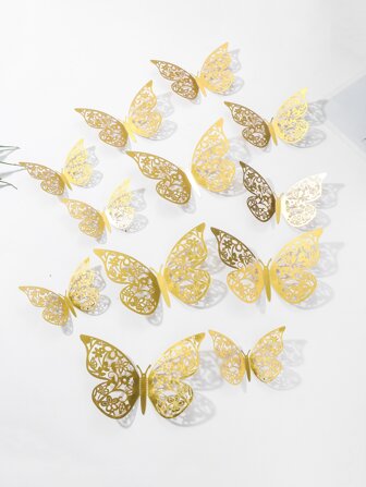 12 piezas Pegatinas de mariposa 3D de diseño creativo, pegatinas de pared de mariposa con patrón geométrico calado para fiestas, decoración de pasteles, decoración del hogar, dormitorio, baño para aniversarios, San Valentín, decoración de pasteles. Disponibles en varios colores y patrones, se pueden usar en diversos escenarios, pegatinas, vinilos decorativos para el hogar, artículos de decoración de primavera para refrescar tu hogar, pegatinas de decoración de ramas