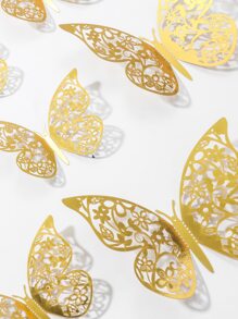 12 件 3D 创意设计纸质蝴蝶贴纸，几何图案镂空蝴蝶墙贴适用于节日、派对、蛋糕装饰、浪漫特别设计家居装饰、卧室装饰、周年纪念浴室装饰、情人节、蛋糕装饰，有各种颜色和图案可供选择，可用于各种场景，贴纸、墙贴花、家居装饰乙烯基贴花、春季装饰品让您的家焕然一新，拉玛装饰贴纸 - 金色 - 查看 2