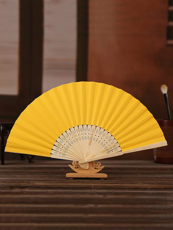 1pc Bamboo Manual Fan, Minimalist Yellow Foldable Folding Fan For Home