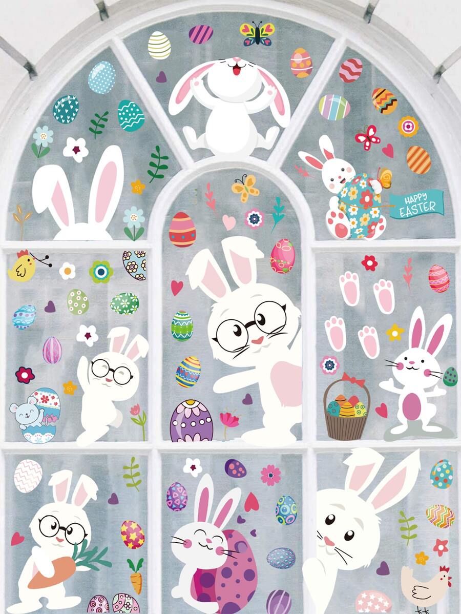 9pcs/set Easter Rabbit Print Window Sticker, Cartoon PVC Animal & Egg Print Wall Decal For Home Decoration - Multicolor - View 1