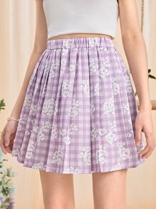 SHEIN 青少年女孩雙色格子和印花百褶半身裙