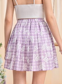 SHEIN 青少年女孩雙色格子和印花百褶半身裙