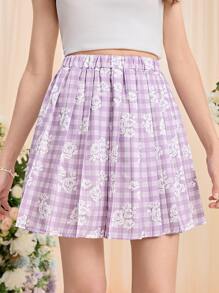 SHEIN 青少年女孩雙色格子和印花百褶半身裙