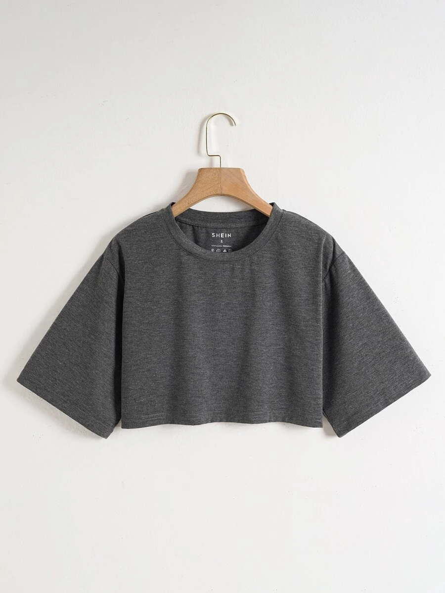 INAWLY Solid Drop Shoulder Crop Tee - Dark Grey - View 1