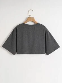 INAWLY Solid Drop Shoulder Crop Tee - Dark Grey - View 2