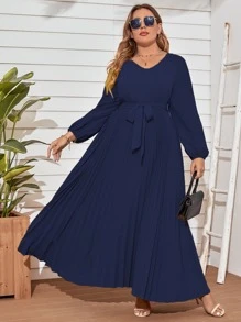 Modelyn 加大灯笼袖褶边系带连衣裙超长款女士长款晚礼服