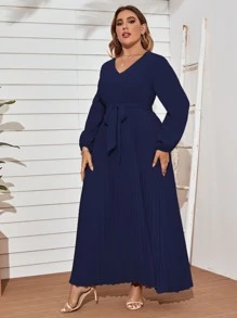 Modelyn 加大灯笼袖褶边系带连衣裙超长款女士长款晚礼服