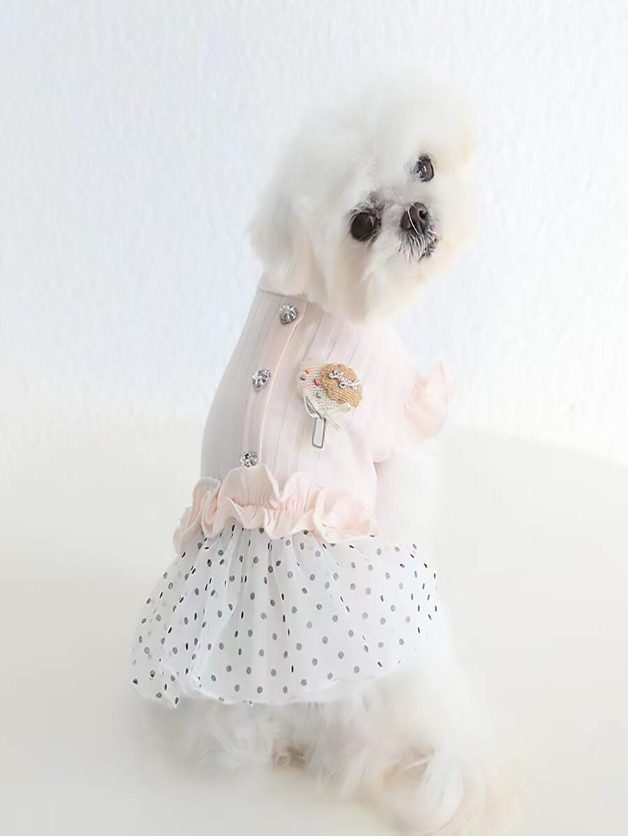 粉紅色韓式圓點荷葉邊裙 - 粉色 - 查看 1