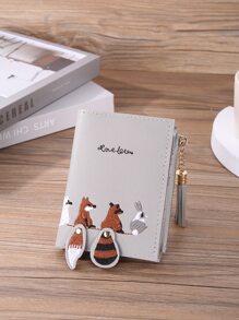 卡通刺绣短款钱包女式流苏拉链两折零钱包卡包韩版风格包包送老师礼物 - 灰色 - 查看 1