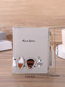 卡通刺绣短款钱包女式流苏拉链两折零钱包卡包韩版风格包包送老师礼物 - 灰色 - 查看 3