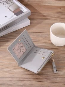 卡通刺绣短款钱包女式流苏拉链两折零钱包卡包韩版风格包包送老师礼物 - 灰色 - 查看 4