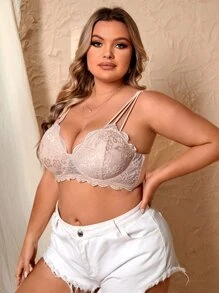 Plus Floral Lace Underwire Bra - Apricot - View 1