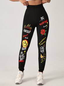 SHEIN EZwear 標語和卡通圖案緊身打底褲