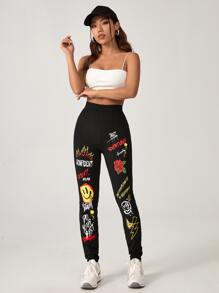 SHEIN EZwear 標語和卡通圖案緊身打底褲