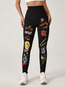 SHEIN EZwear 標語和卡通圖案緊身打底褲