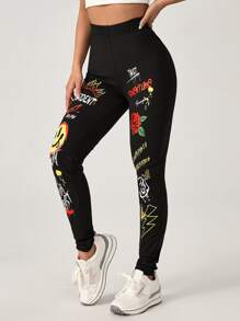 SHEIN EZwear 標語和卡通圖案緊身打底褲