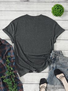 INAWLY Áo thun Plus size Lá thư Giải trí - Màu xám đen - Xem 2