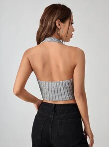 SHEIN EZwear Solid Crop Halter Top - Grey - View 3