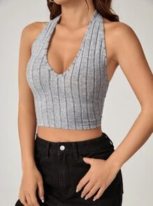 SHEIN EZwear Solid Crop Halter Top - Grey - View 6