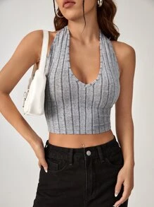 SHEIN EZwear Solid Crop Halter Top - Grey - View 4
