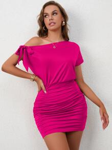 INAWLY 不對稱領肩部打結褶邊緊身連衣裙 - 玫紅色 - 查看 4