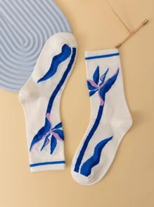 1雙女性葉子圖案休閒中筒襪適用於日常 - 彩色 - 查看 3