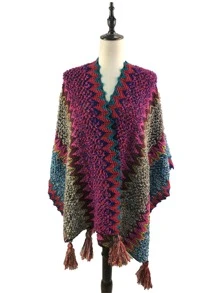 鋸齒圖案流蘇裝飾披肩 - 玫紅色 - 查看 1