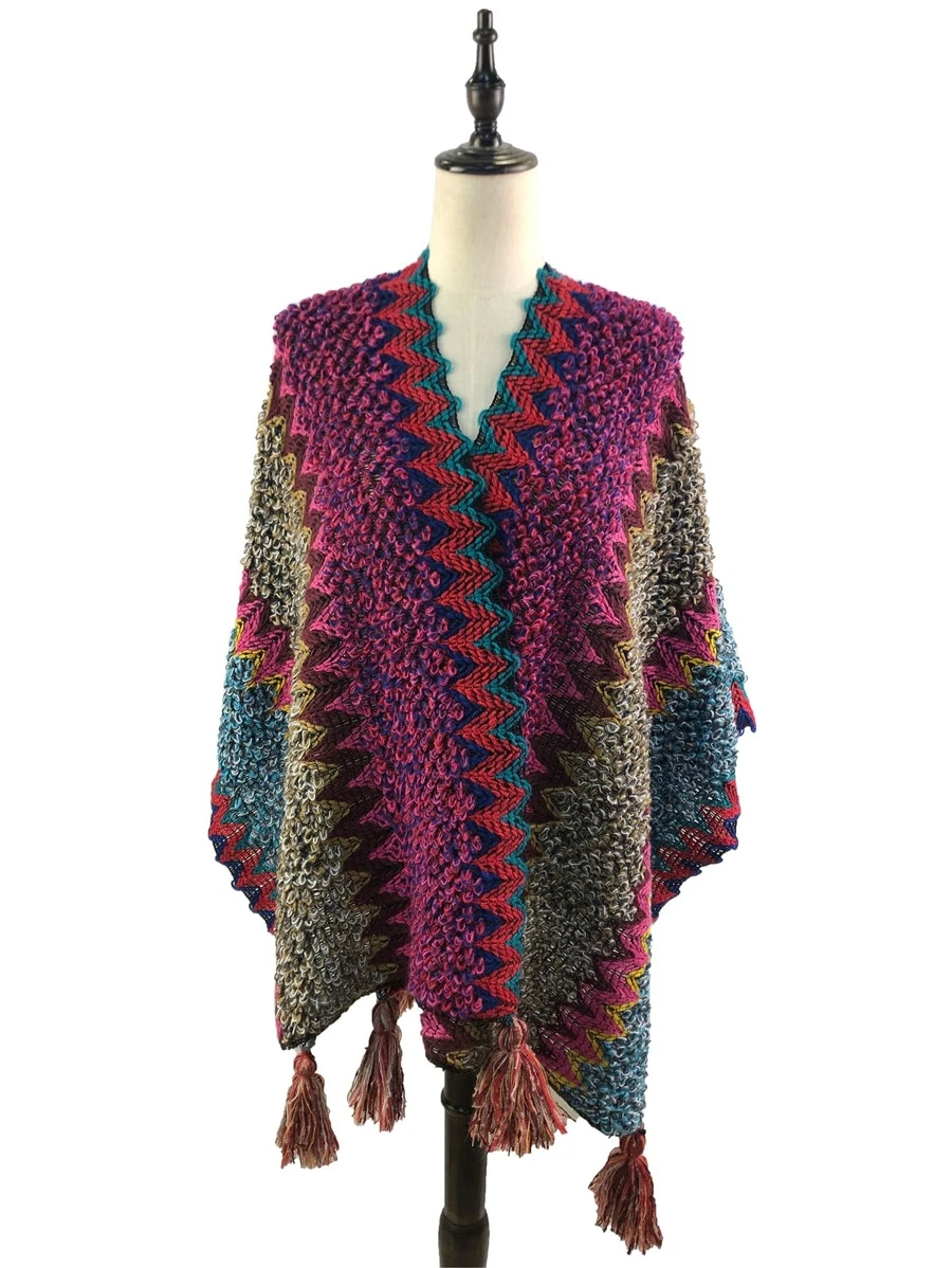 鋸齒圖案流蘇裝飾披肩 - 玫紅色 - 查看 1