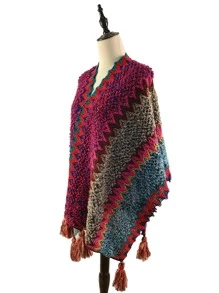 鋸齒圖案流蘇裝飾披肩 - 玫紅色 - 查看 2