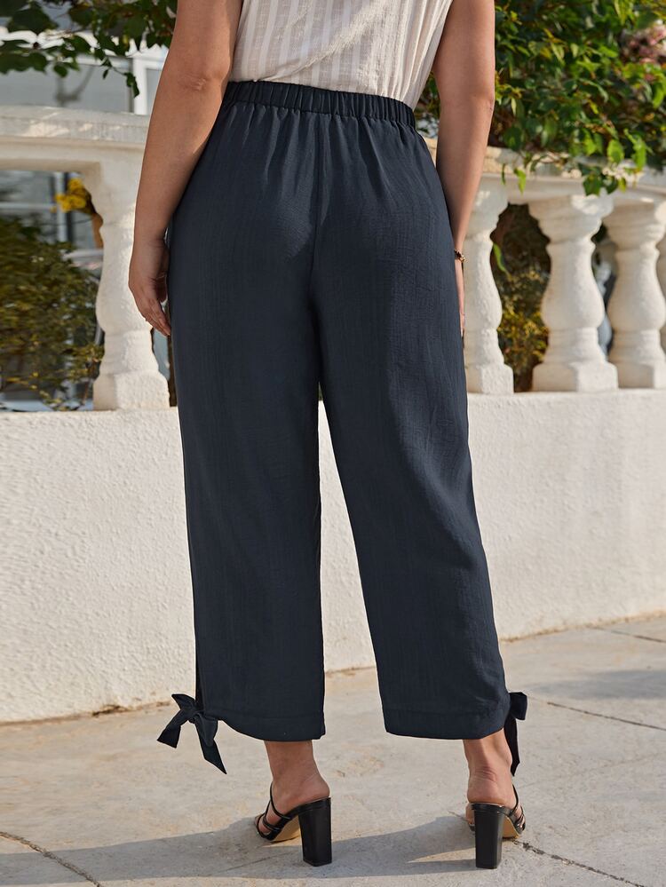 SHEIN LUNE 大碼下擺打結九分長褲 - 黑色 - 查看 2