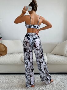 SHEIN Swim طقم بيكيني بطباعة استوائية معقود من الأمام حمالة صدر & قص عالي لباس قيعان وغطاء بنطلون 3قطعات بدلة سباحة - أبيض وأسود - مشاهدة 2