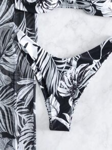 SHEIN Swim طقم بيكيني بطباعة استوائية معقود من الأمام حمالة صدر & قص عالي لباس قيعان وغطاء بنطلون 3قطعات بدلة سباحة - أبيض وأسود - مشاهدة 3