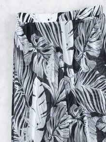 SHEIN Swim طقم بيكيني بطباعة استوائية معقود من الأمام حمالة صدر & قص عالي لباس قيعان وغطاء بنطلون 3قطعات بدلة سباحة - أبيض وأسود - مشاهدة 4