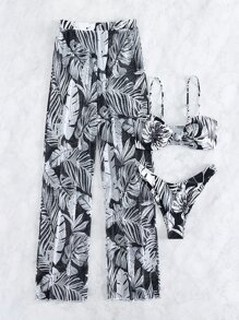 SHEIN Swim طقم بيكيني بطباعة استوائية معقود من الأمام حمالة صدر & قص عالي لباس قيعان وغطاء بنطلون 3قطعات بدلة سباحة - أبيض وأسود - مشاهدة 5