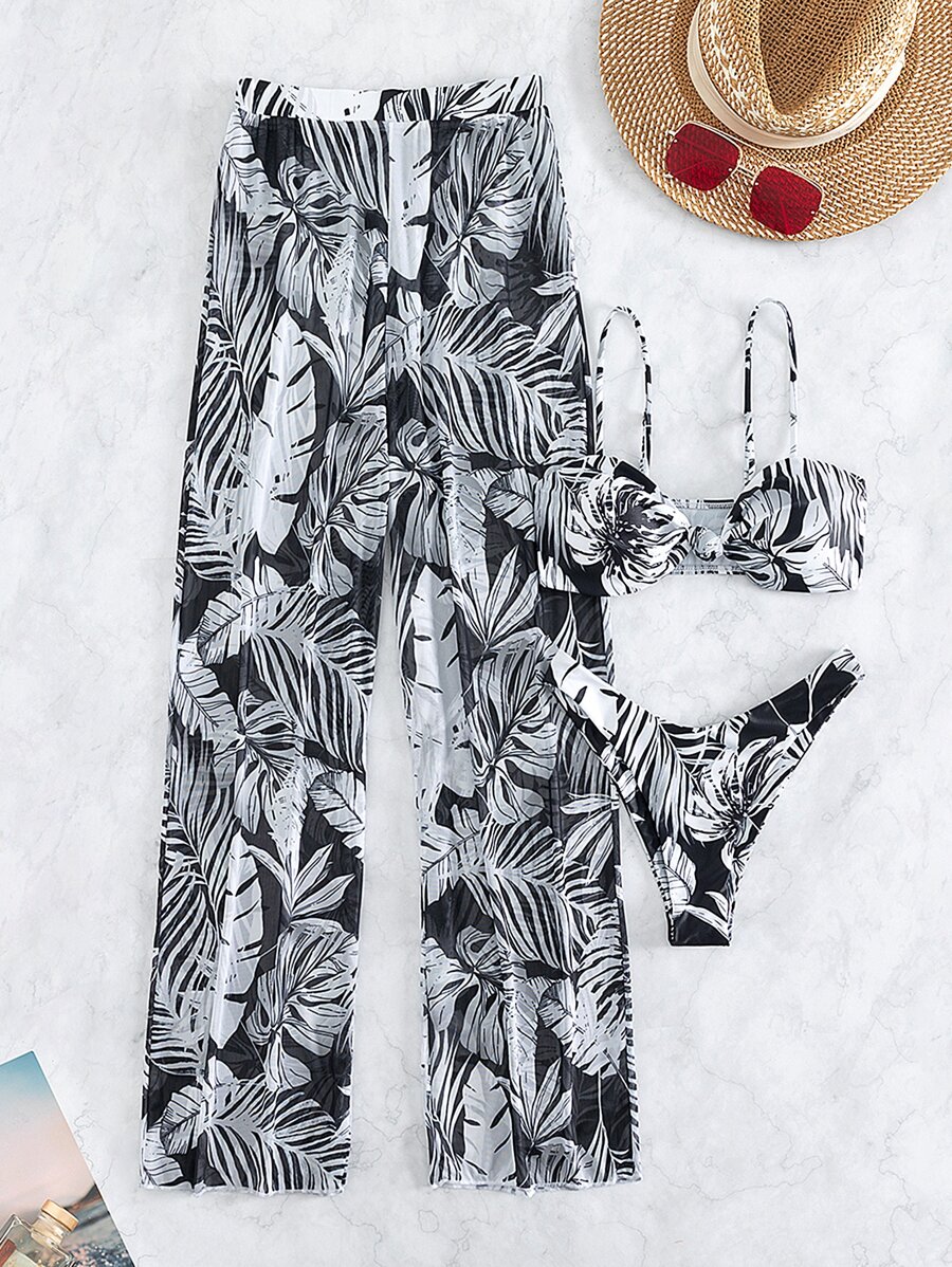 SHEIN Swim طقم بيكيني بطباعة استوائية معقود من الأمام حمالة صدر & قص عالي لباس قيعان وغطاء بنطلون 3قطعات بدلة سباحة - أبيض وأسود - مشاهدة 1