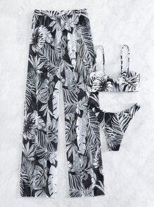 SHEIN Swim طقم بيكيني بطباعة استوائية معقود من الأمام حمالة صدر & قص عالي لباس قيعان وغطاء بنطلون 3قطعات بدلة سباحة - أبيض وأسود - مشاهدة 6