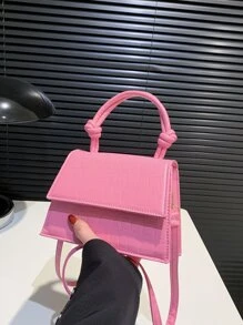 輕便商務休閒迷你鱷魚壓紋翻蓋方形包粉色適合青少年女孩女大學生、菜鳥和白領非常適合辦公室、大學、工作、商務、通勤、戶外、旅行、郊遊