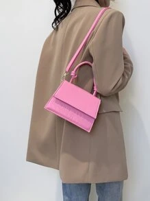 輕便商務休閒迷你鱷魚壓紋翻蓋方形包粉色適合青少年女孩女大學生、菜鳥和白領非常適合辦公室、大學、工作、商務、通勤、戶外、旅行、郊遊