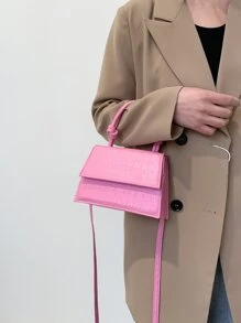 輕便商務休閒迷你鱷魚壓紋翻蓋方形包粉色適合青少年女孩女大學生、菜鳥和白領非常適合辦公室、大學、工作、商務、通勤、戶外、旅行、郊遊