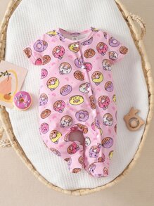 Baby Girl Donut Print Button Front Footed Sleep Jumpsuit
