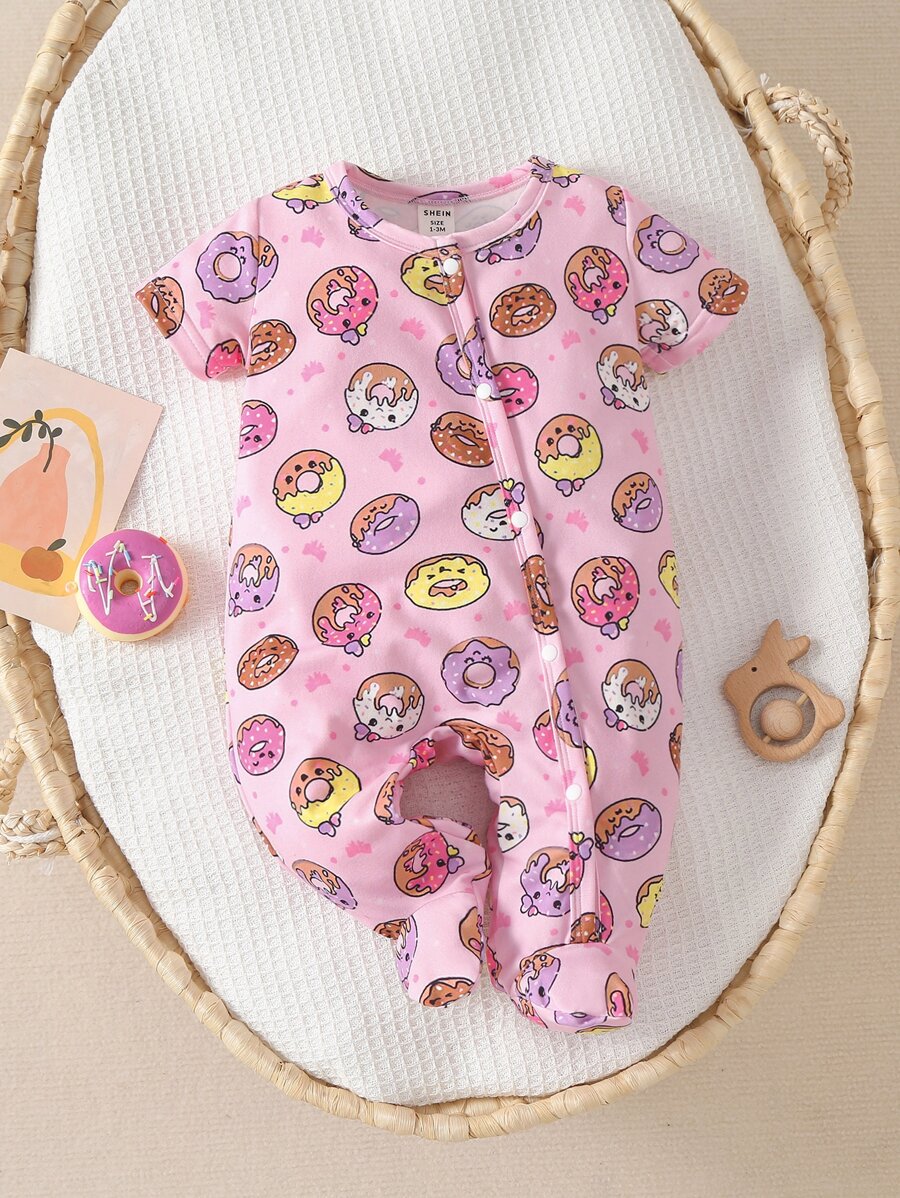Baby Girl Donut Print Button Front Footed Sleep Jumpsuit