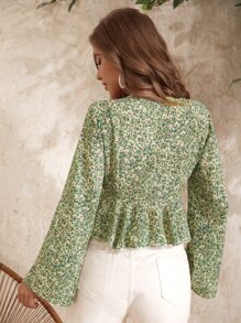 SHEIN VCAY Ditsy Floral Print Knot Front Flounce Sleeve Ruffle Hem Blouse - Multicolor - View 2
